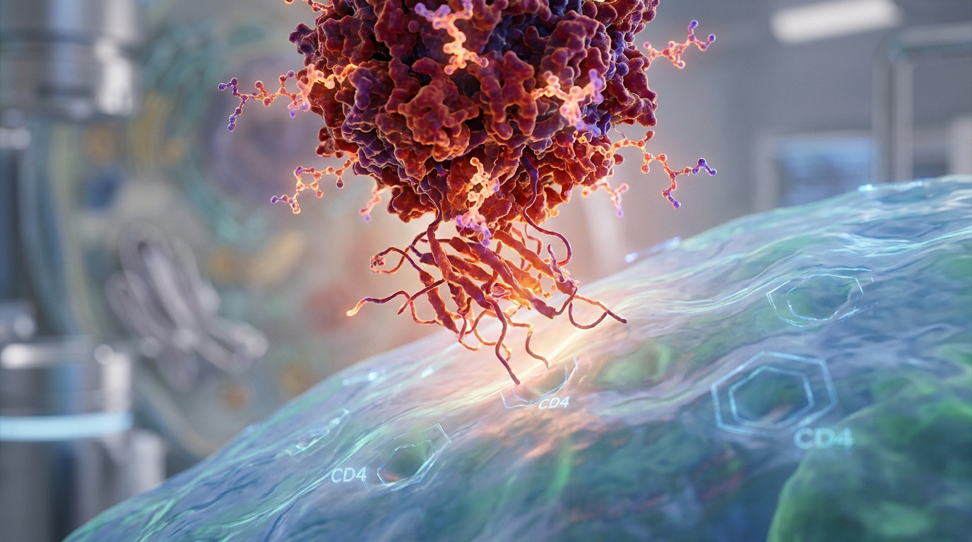 Une protéine virale se lie à un récepteur CD4 à la surface d'une cellule humaine.