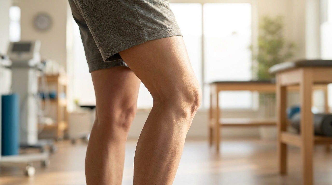 Gros plan sur un genou en hyperextension dans un cabinet de kinésithérapie.