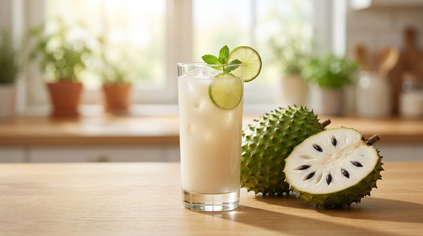 Un grand verre de jus de corossol frais avec des glaçons, décoré de citron vert et de menthe, près d'un fruit ouvert.