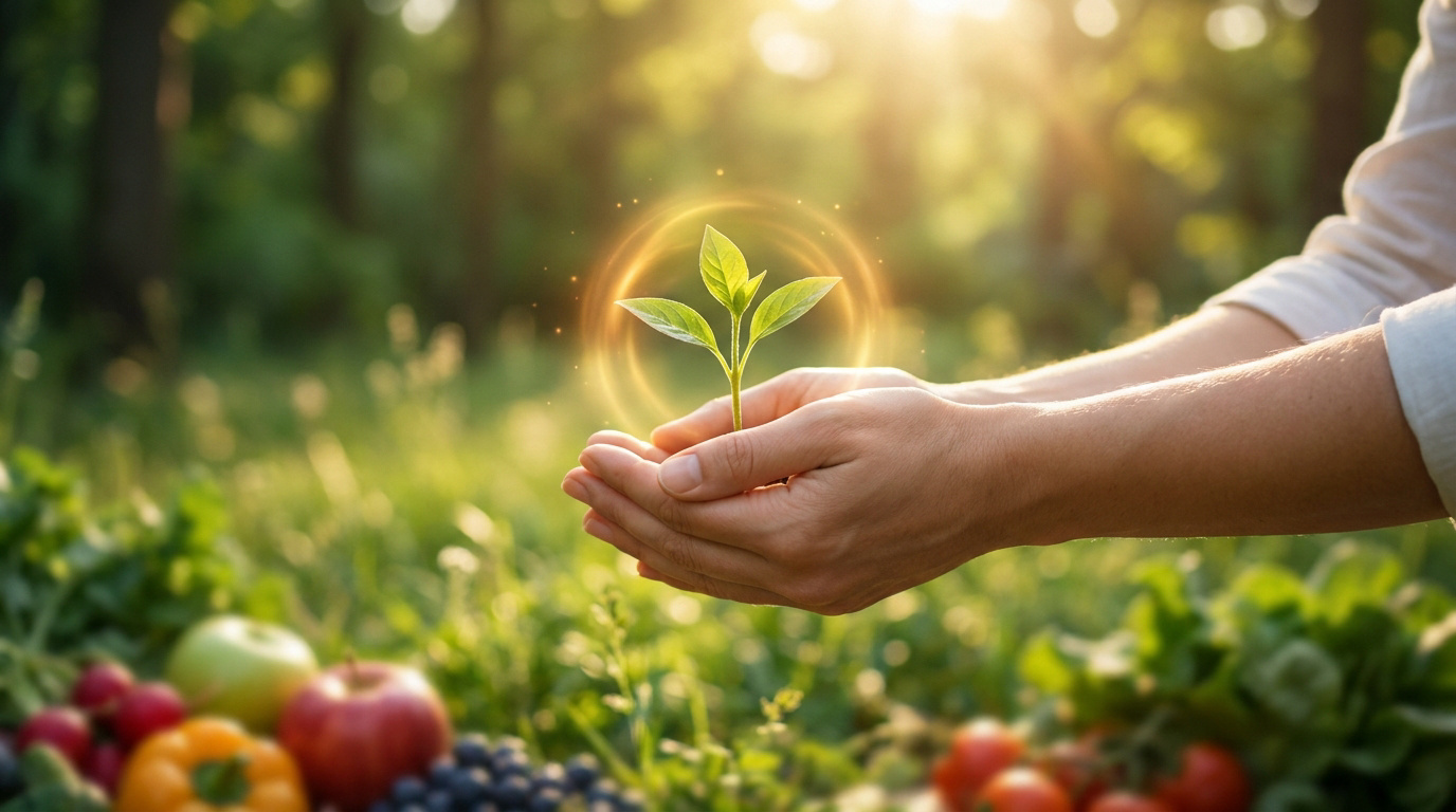 Mains tenant une petite plante verte avec une lueur dorée, entourées de fruits et légumes frais.
