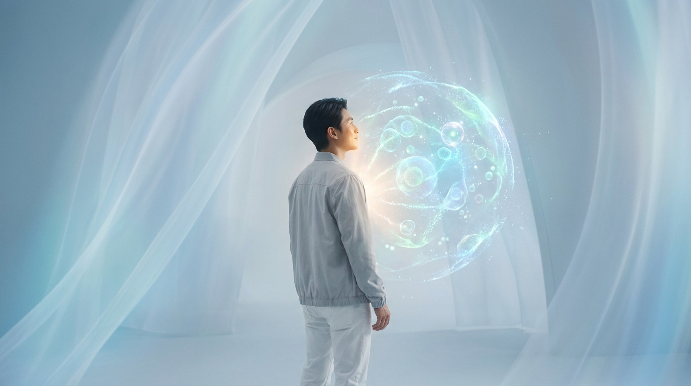 Un homme regarde une sphère lumineuse représentant des cellules et des molécules dans un environnement éthéré.