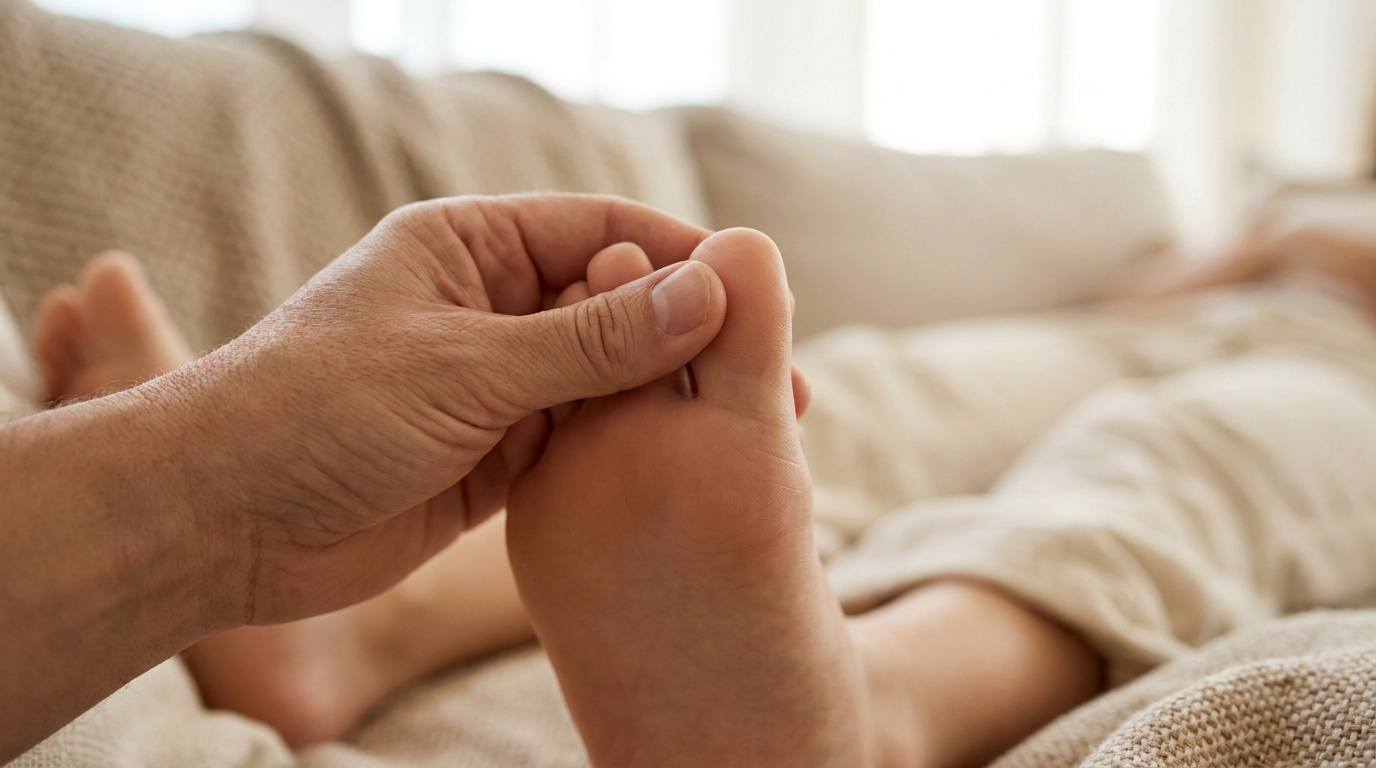 Gros plan sur une main massant le gros orteil d'un pied pour une séance de réflexologie plantaire relaxante.