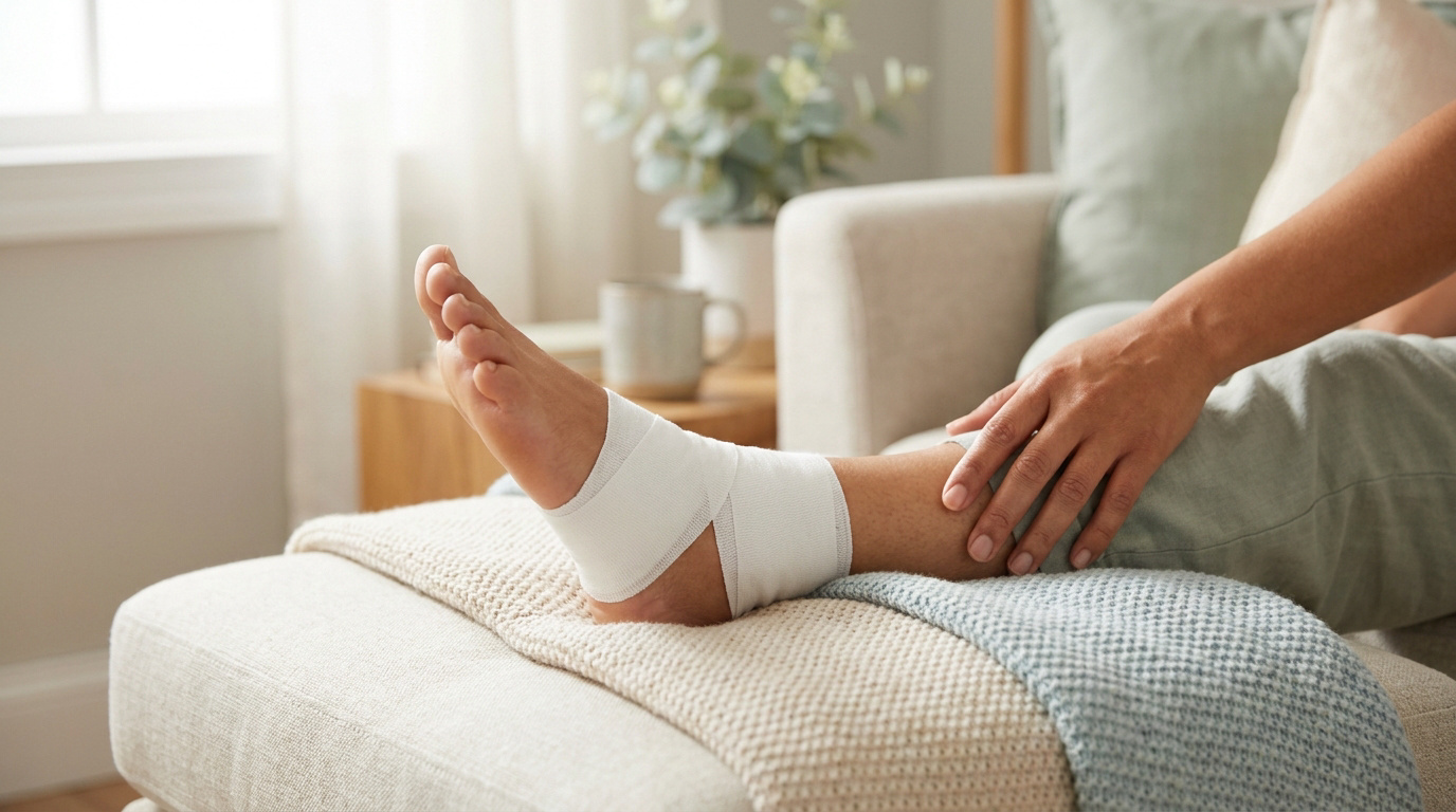 Une personne assise avec le pied bandé reposant sur un pouf après une chirurgie.
