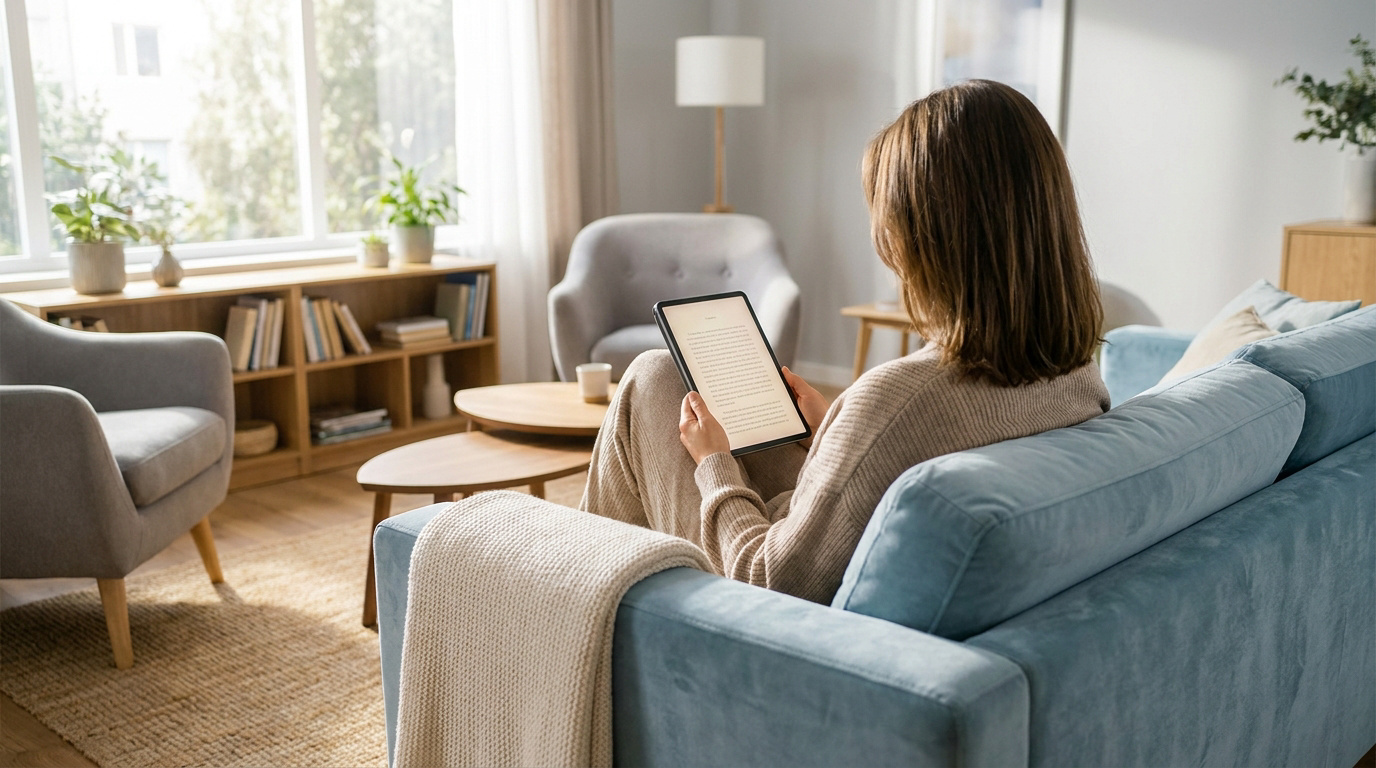 Une femme se repose sur un canapé bleu en lisant une tablette dans un salon lumineux et chaleureux.