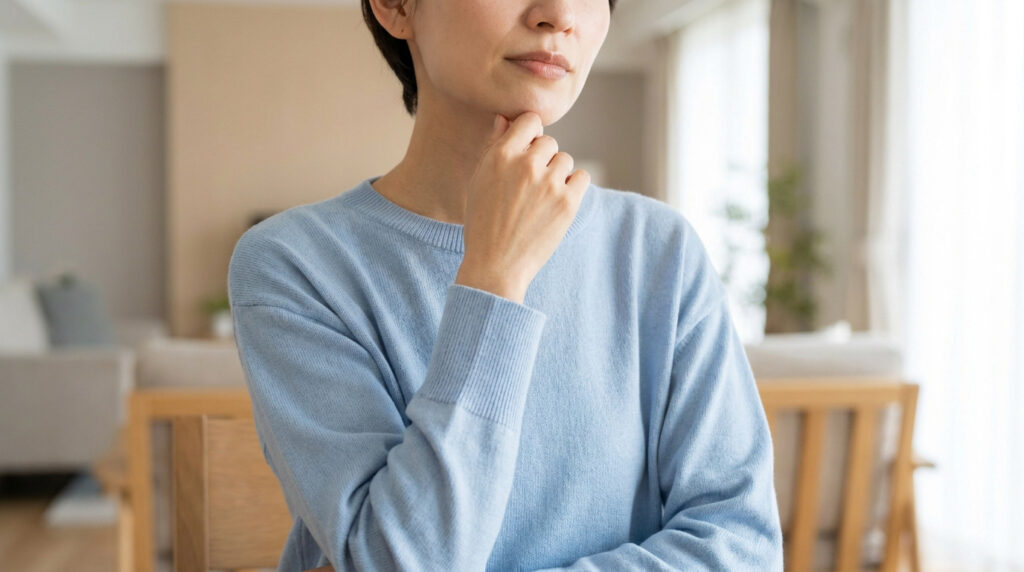 Une femme pensive portant un pull bleu clair, la main sous le menton, dans un intérieur lumineux.