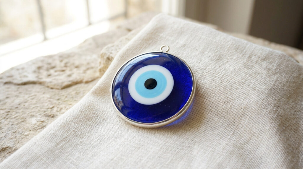 Un pendentif en verre bleu en forme d'œil grec posé sur un tissu en lin beige.