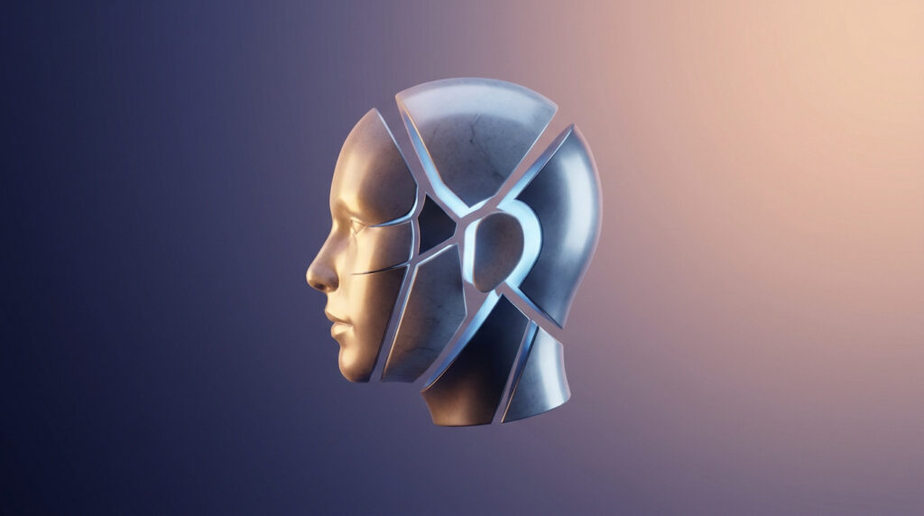 Une tête humaine en marbre fragmentée en plusieurs morceaux, symbolisant le mécanisme de défense psychologique du clivage.
