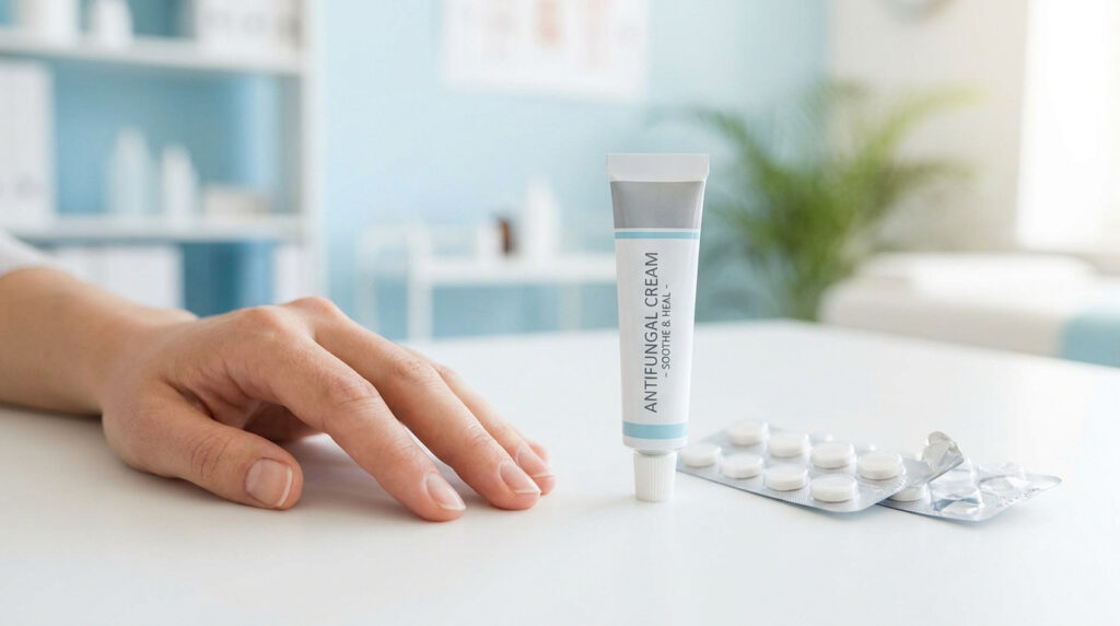 Un tube de crème antifongique et une plaquette de comprimés sur une table blanche, avec une main à côté.