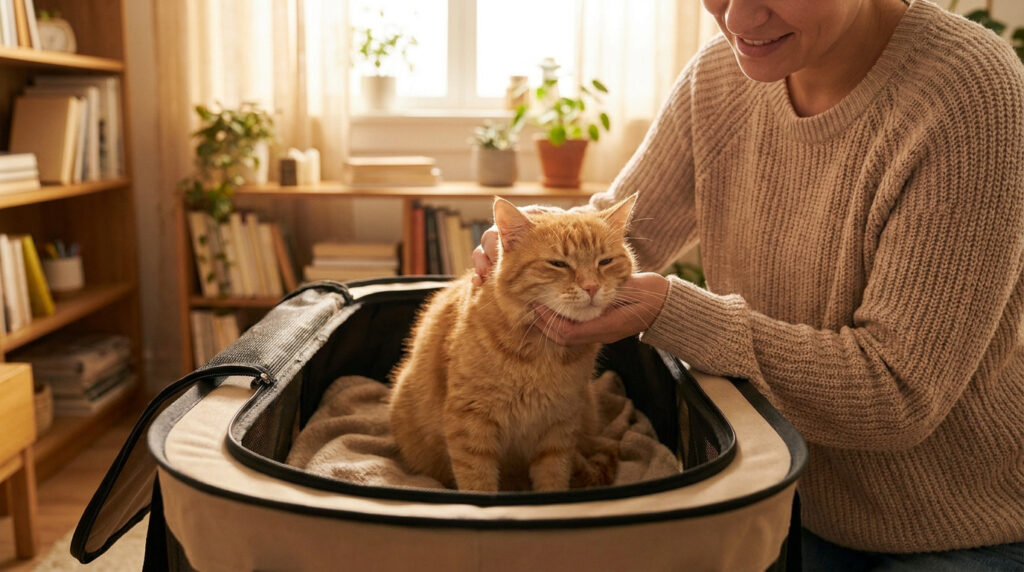 Une personne caresse doucement un chat roux installé dans une caisse de transport confortable.