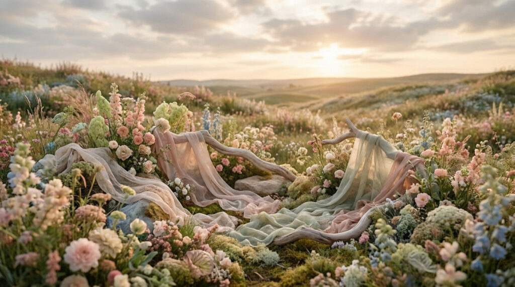 Composition florale délicate et voilages sur une colline au coucher du soleil.