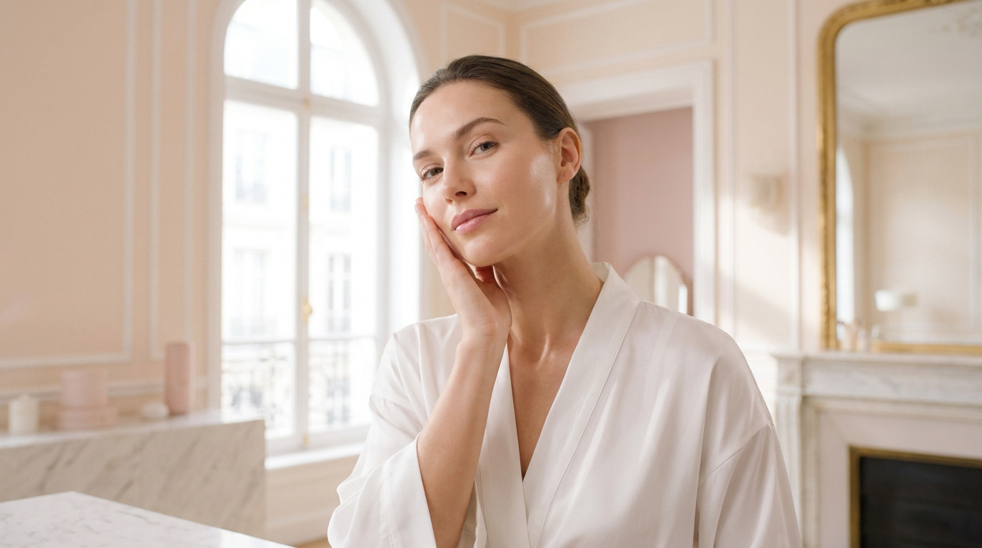 Femme en peignoir blanc touchant son visage lumineux dans une pièce lumineuse au style haussmannien.