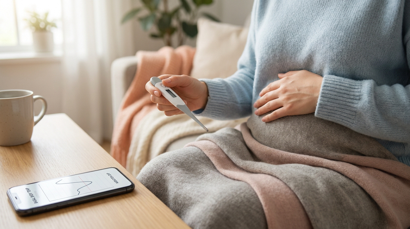 Une femme enceinte tient un thermomètre numérique avec un smartphone affichant une courbe de température sur la table.