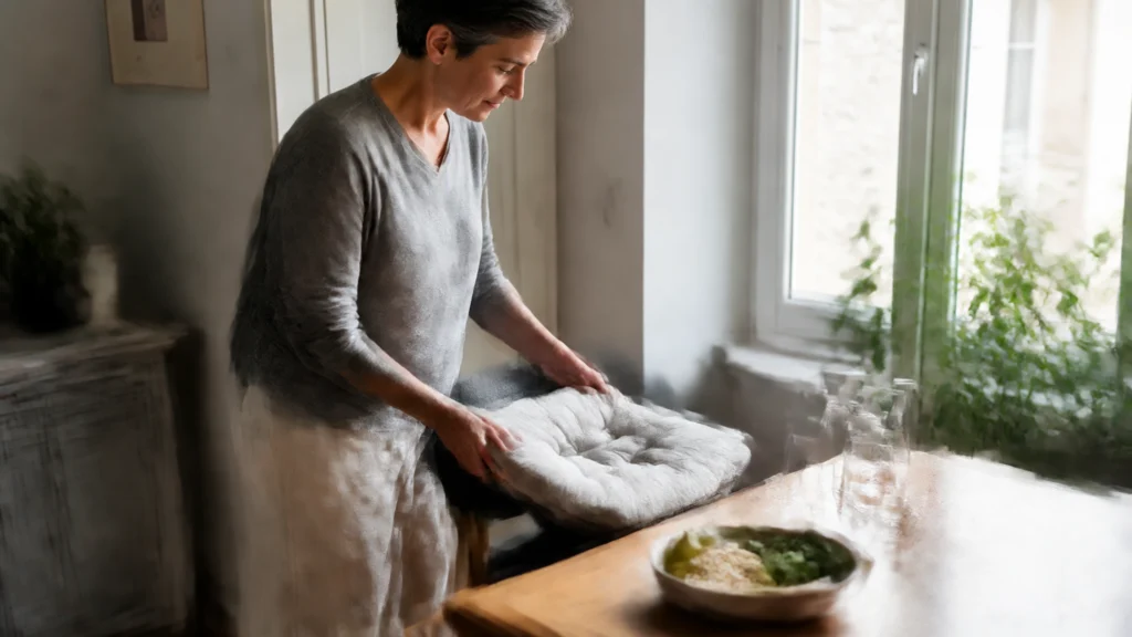 Femme installant un coussin d’assise près d’un verre d’eau et d’un repas riche en fibres