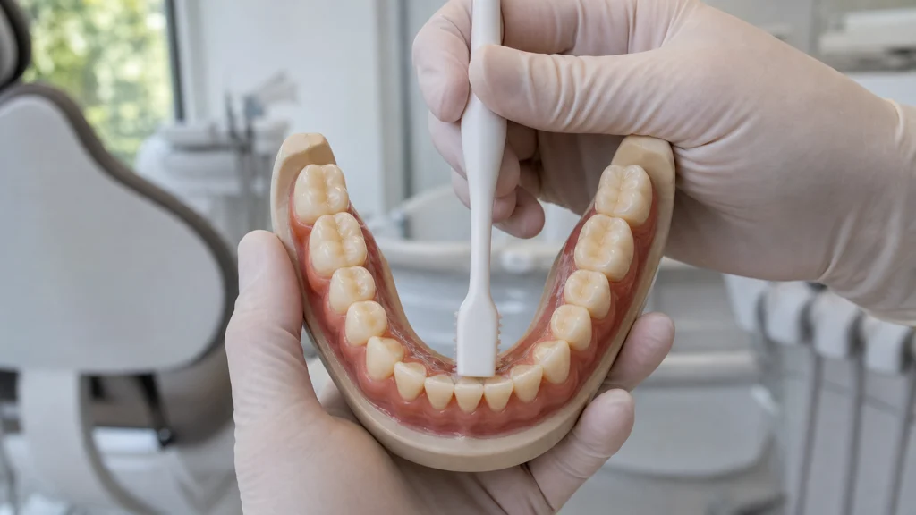 Démonstration du brossage de la face interne des incisives inférieures sur un modèle dentaire