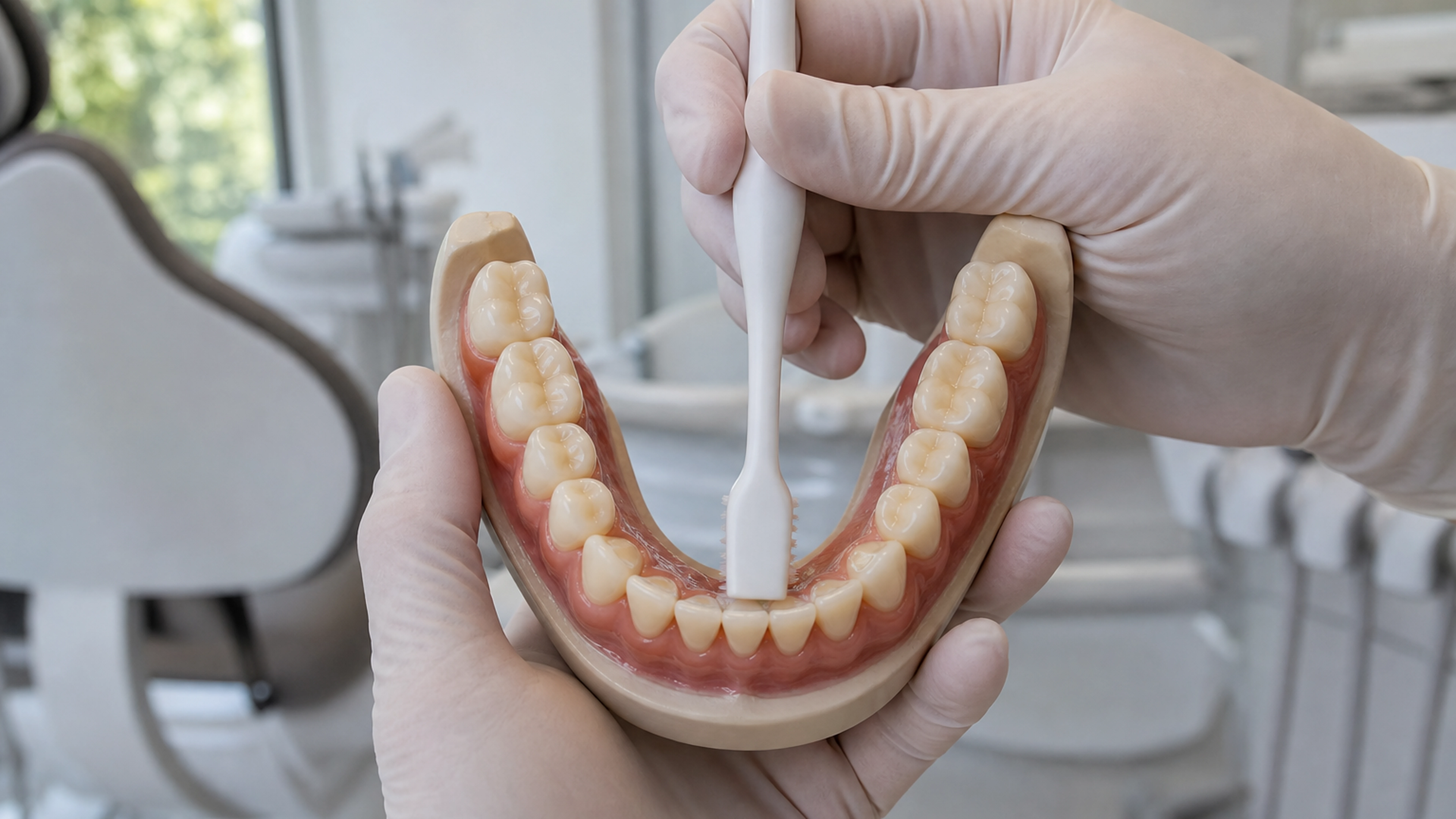 Démonstration du brossage de la face interne des incisives inférieures sur un modèle dentaire