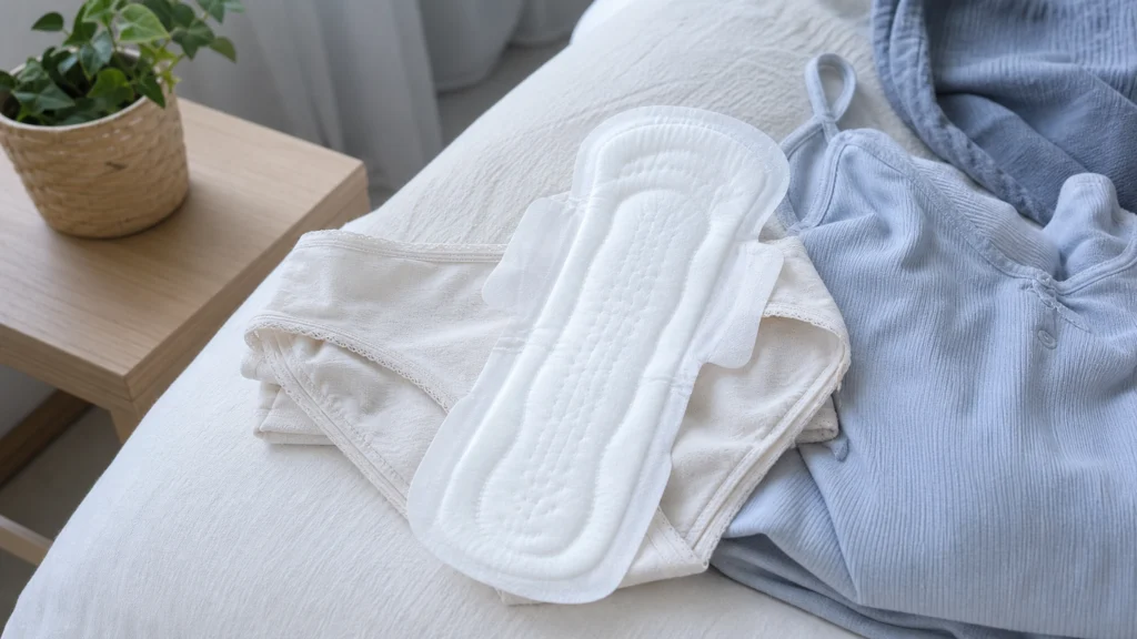 Serviette hygiénique extra-longue posée sur de la lingerie près d’un pyjama