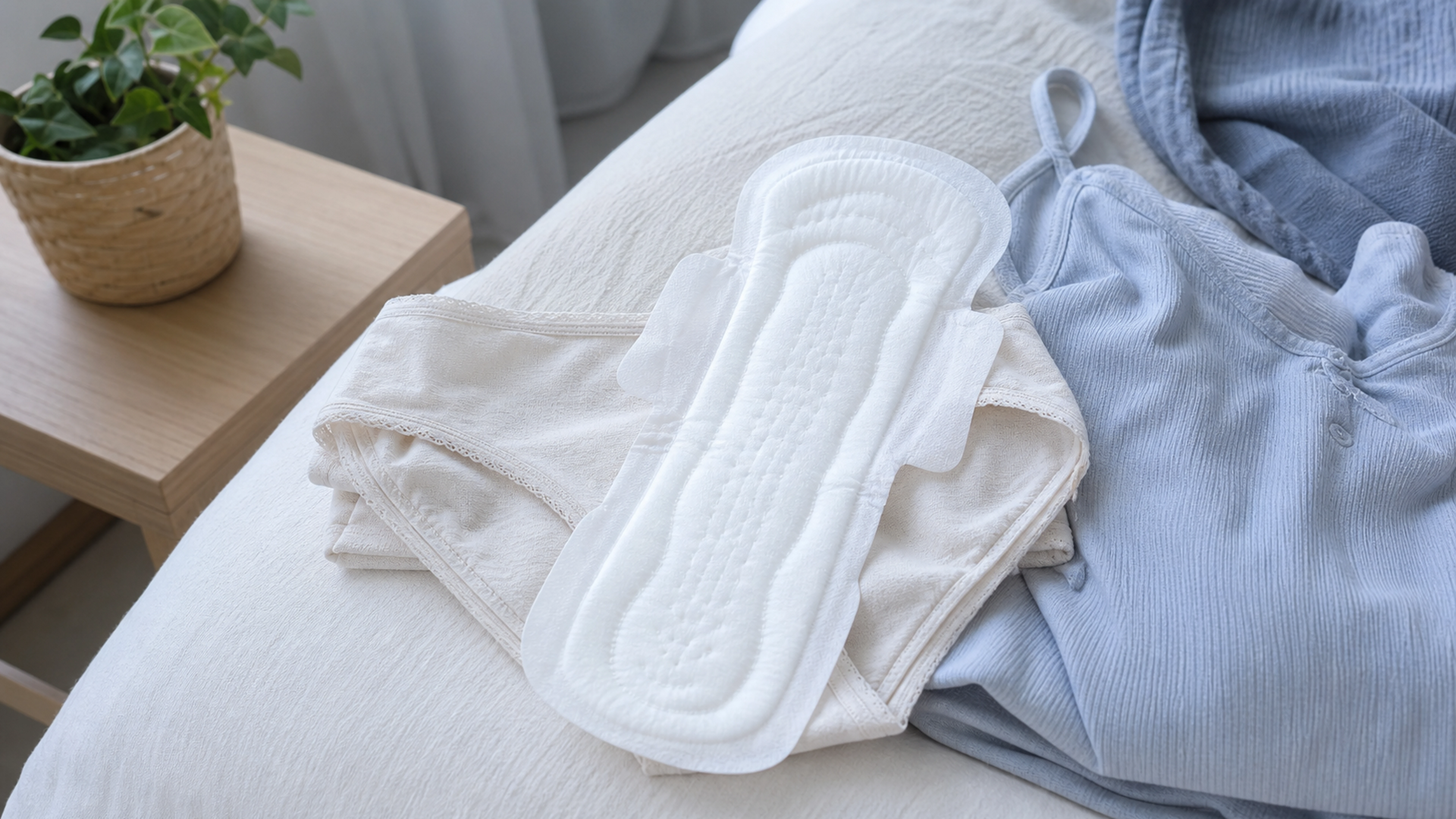 Serviette hygiénique extra-longue posée sur de la lingerie près d’un pyjama