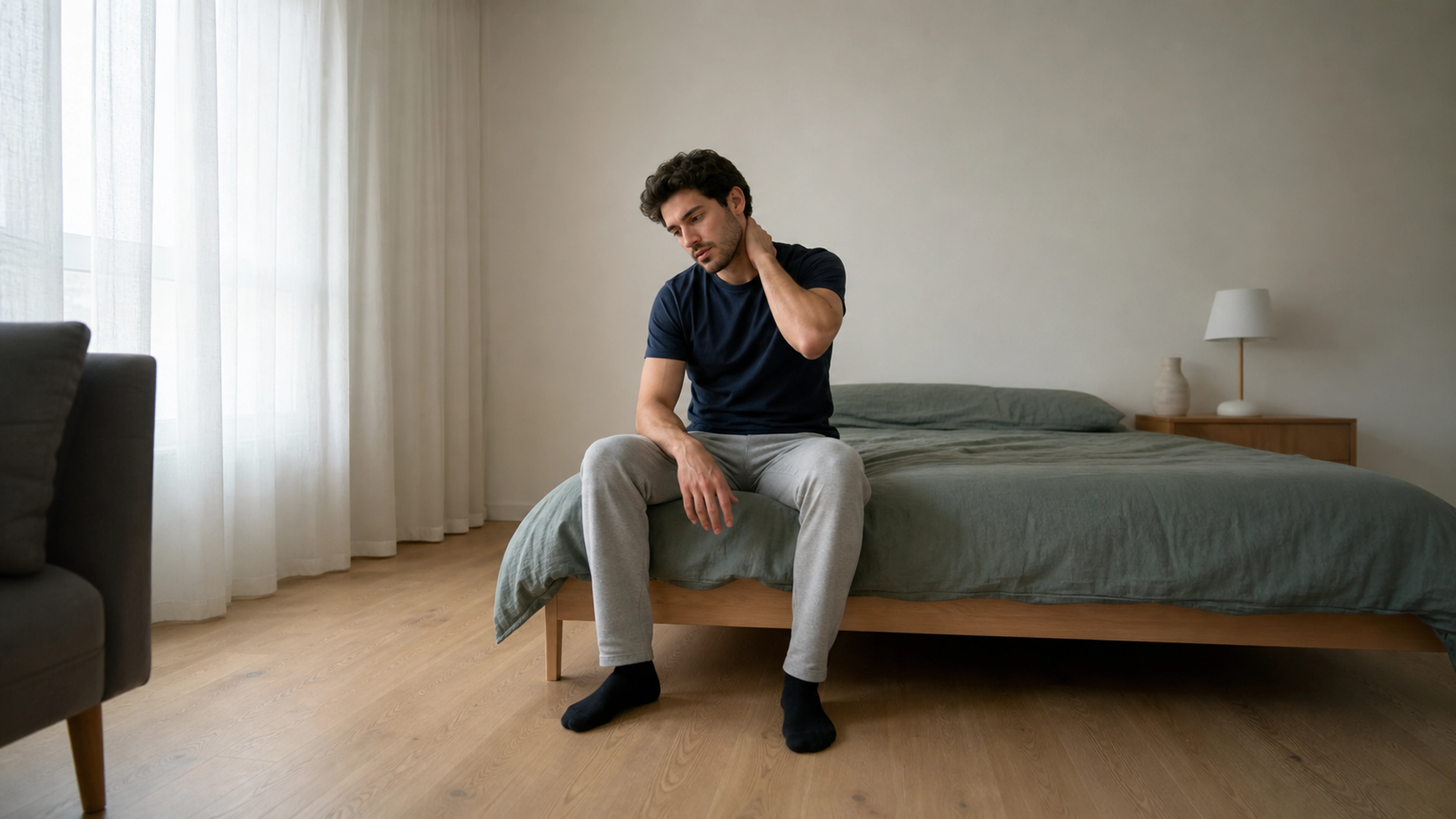 Homme assis au bord d’un lit, une main posée à l’arrière de sa nuque