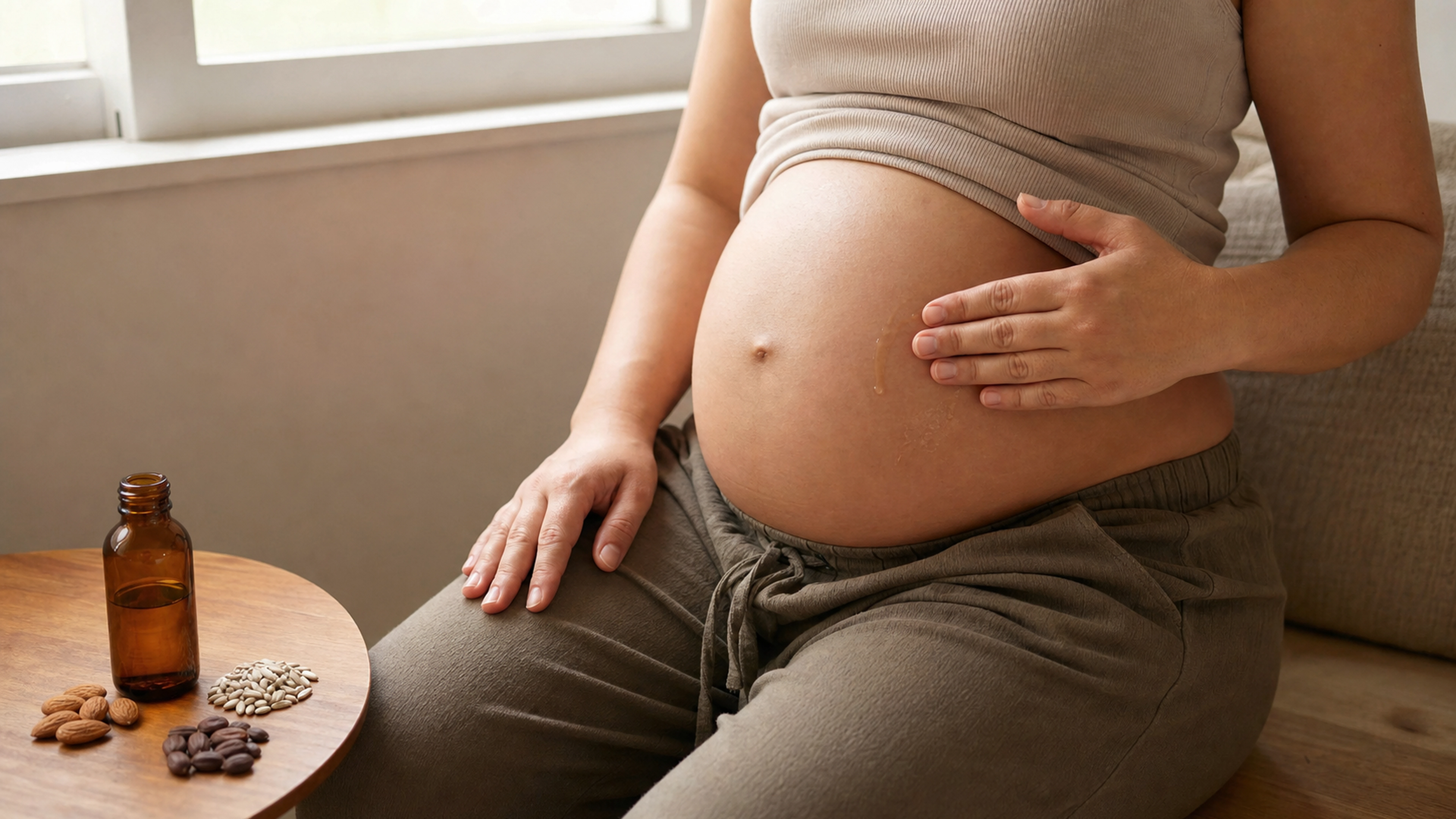 Femme enceinte appliquant une huile de soin sur son ventre près d’une fenêtre
