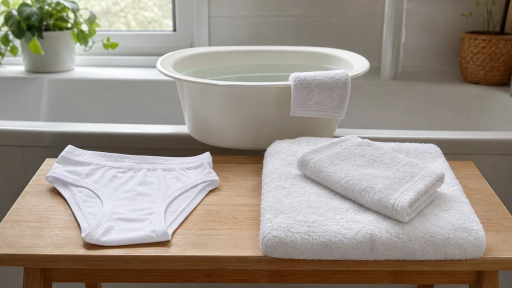 Sous-vêtement en coton, serviettes propres et bassine d’eau dans une salle de bain lumineuse