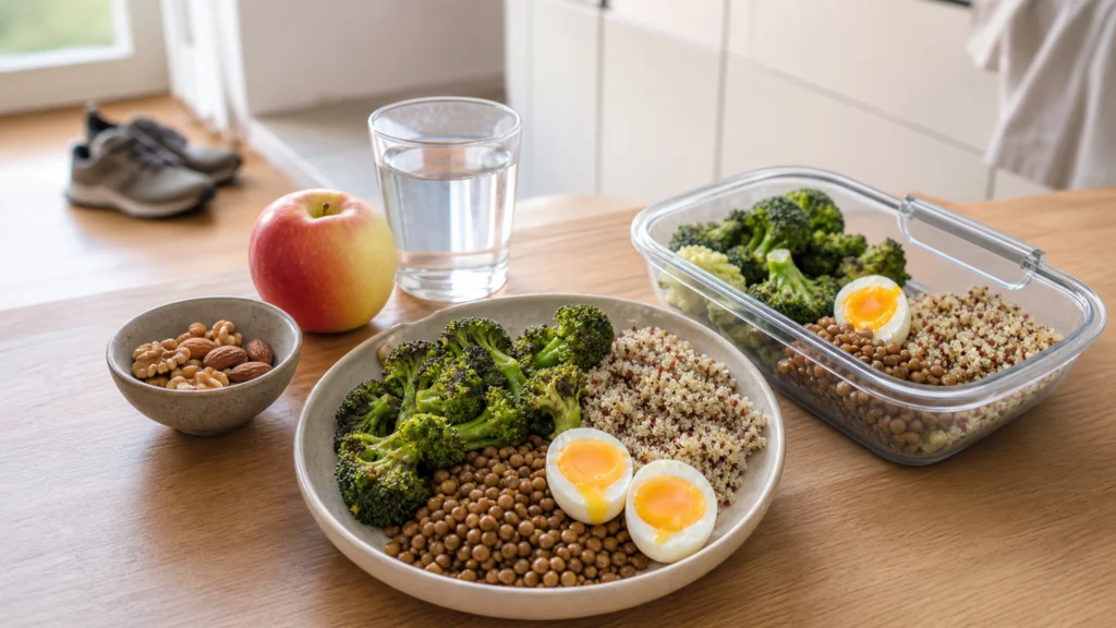 Assiette de légumes, lentilles, quinoa et œufs préparée avec une lunchbox