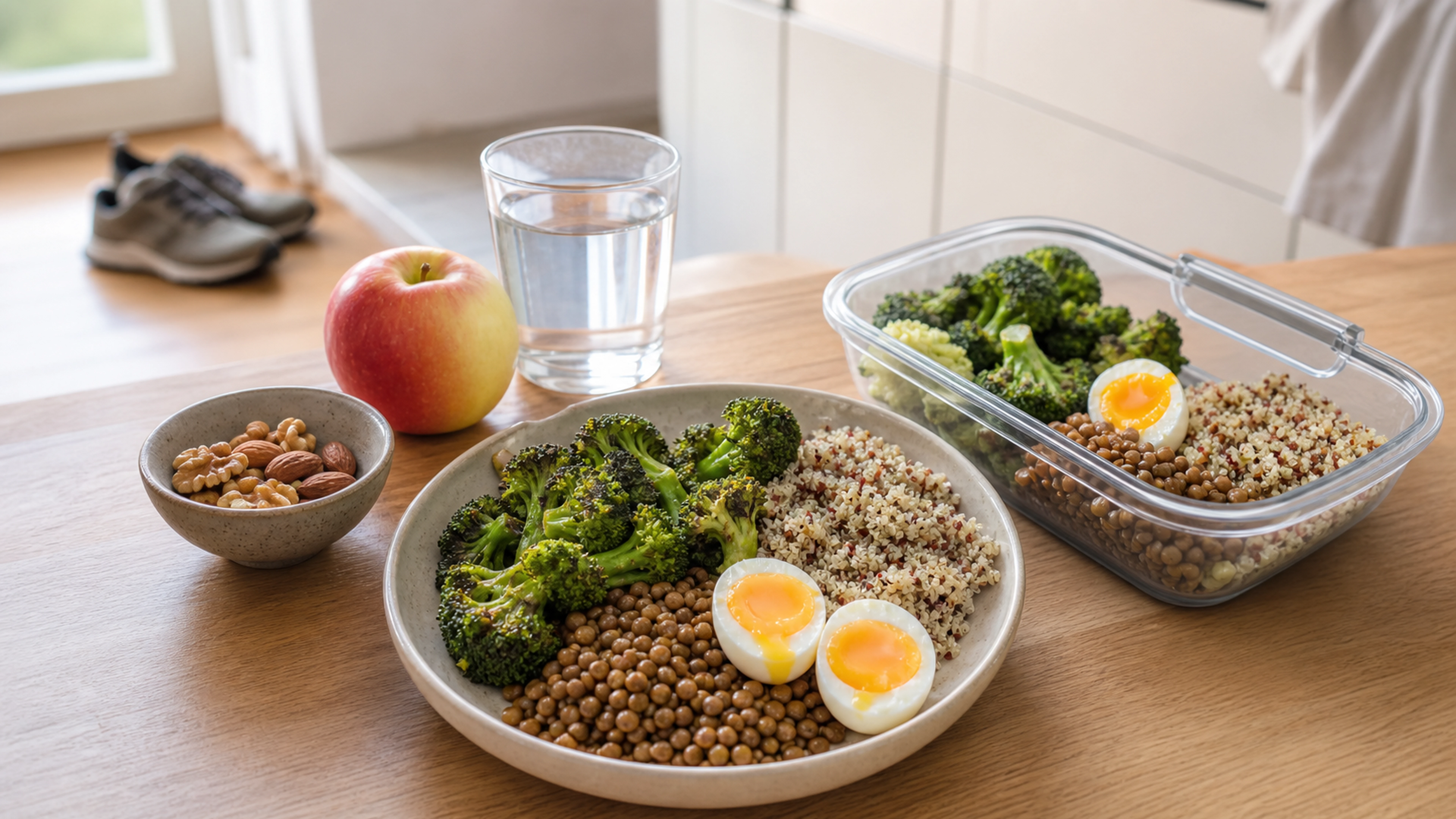 Assiette de légumes, lentilles, quinoa et œufs préparée avec une lunchbox