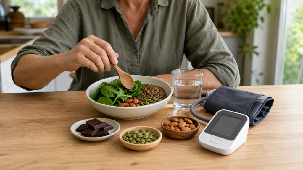 Personne préparant un bol d’épinards, lentilles, amandes et graines à côté d’un tensiomètre
