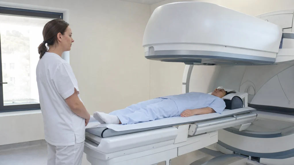 Personne allongée sous une gamma-caméra pendant un examen de scintigraphie, accompagnée par une professionnelle de santé
