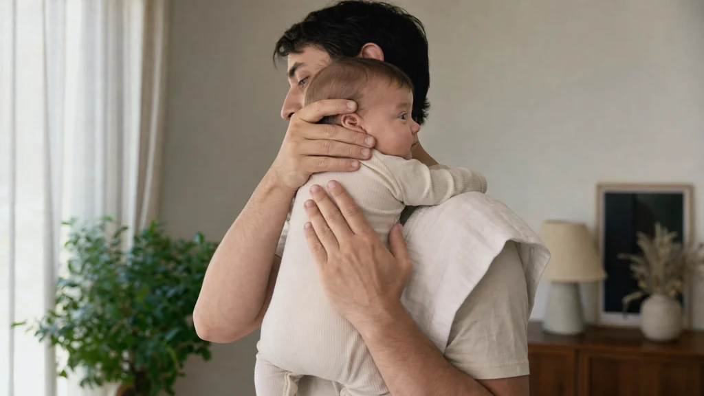 Parent tenant un nourrisson droit contre son épaule, une main soutenant sa tête et l’autre posée sur son dos
