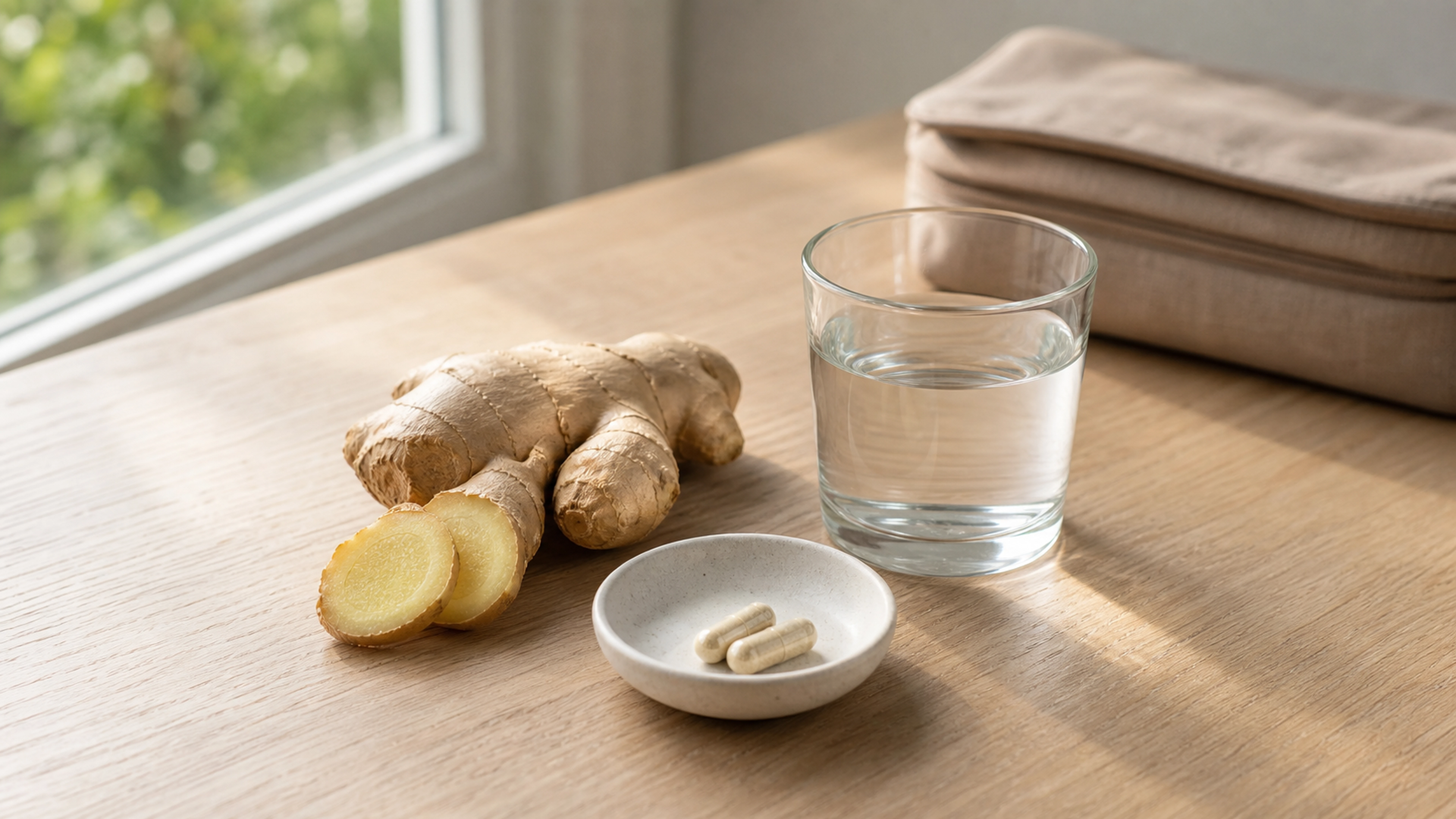 Rhizome de gingembre frais, gélules et verre d’eau sur une table près d’une trousse de voyage