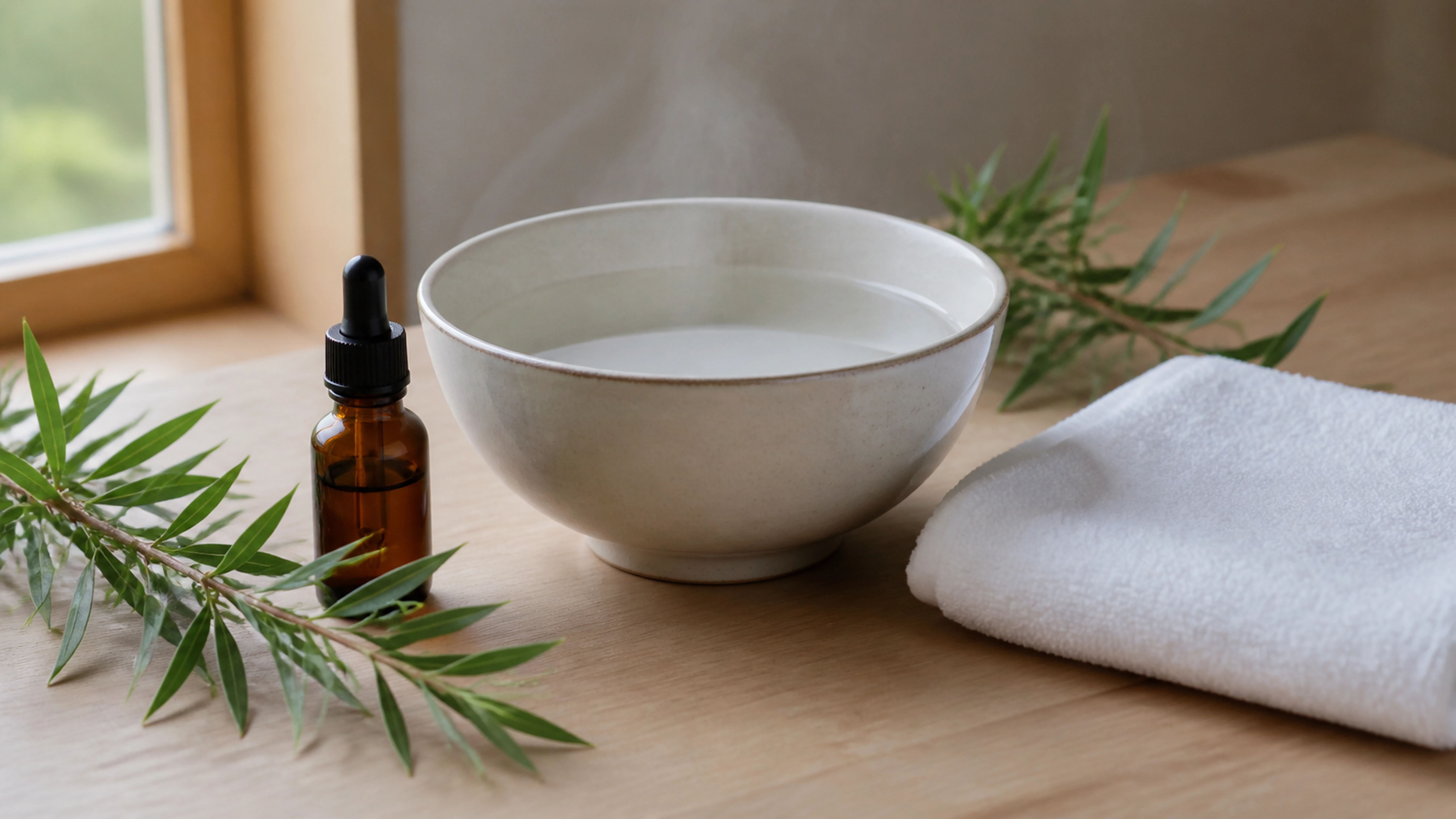Bol d’eau chaude fumante avec flacon ambré, serviette blanche et rameaux de tea tree