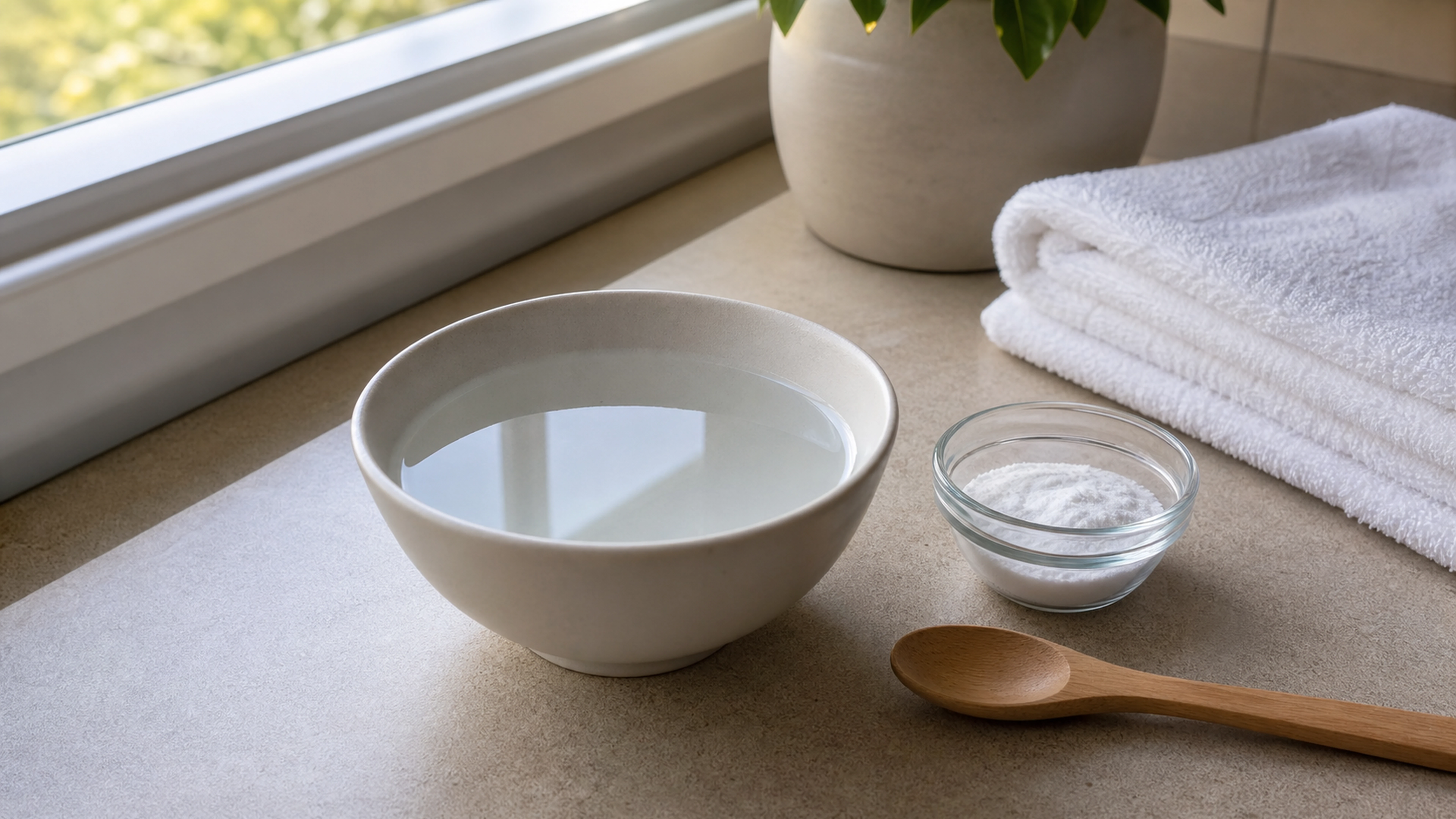 Bol d’eau tiède avec une coupelle de bicarbonate et une serviette propre
