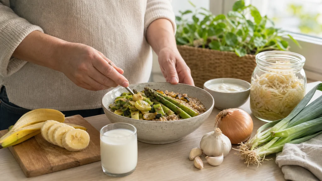 Personne préparant un bol de céréales complètes et de légumes aux côtés d’aliments fermentés