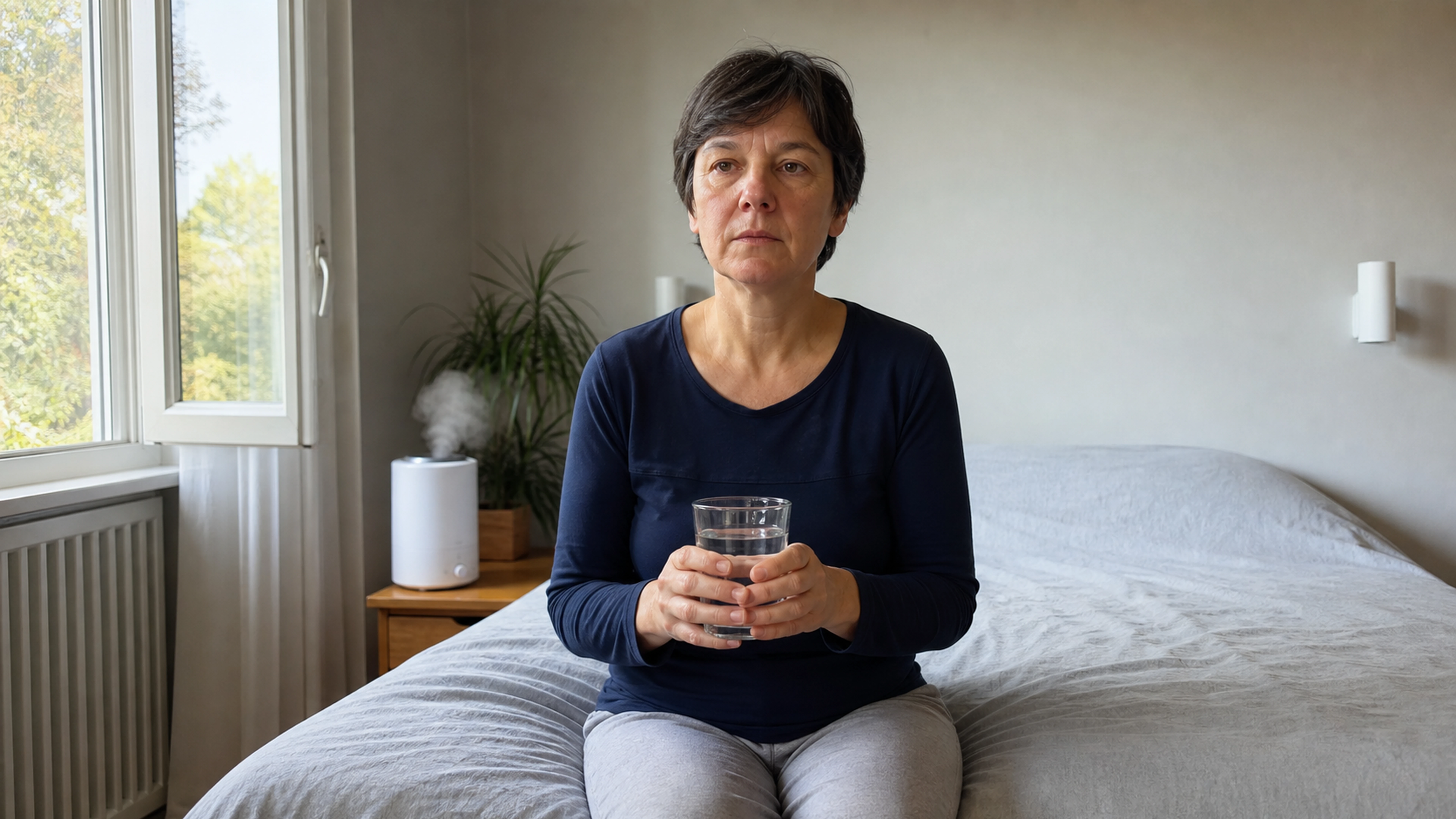 Femme tenant un verre d’eau près d’un humidificateur dans une chambre lumineuse