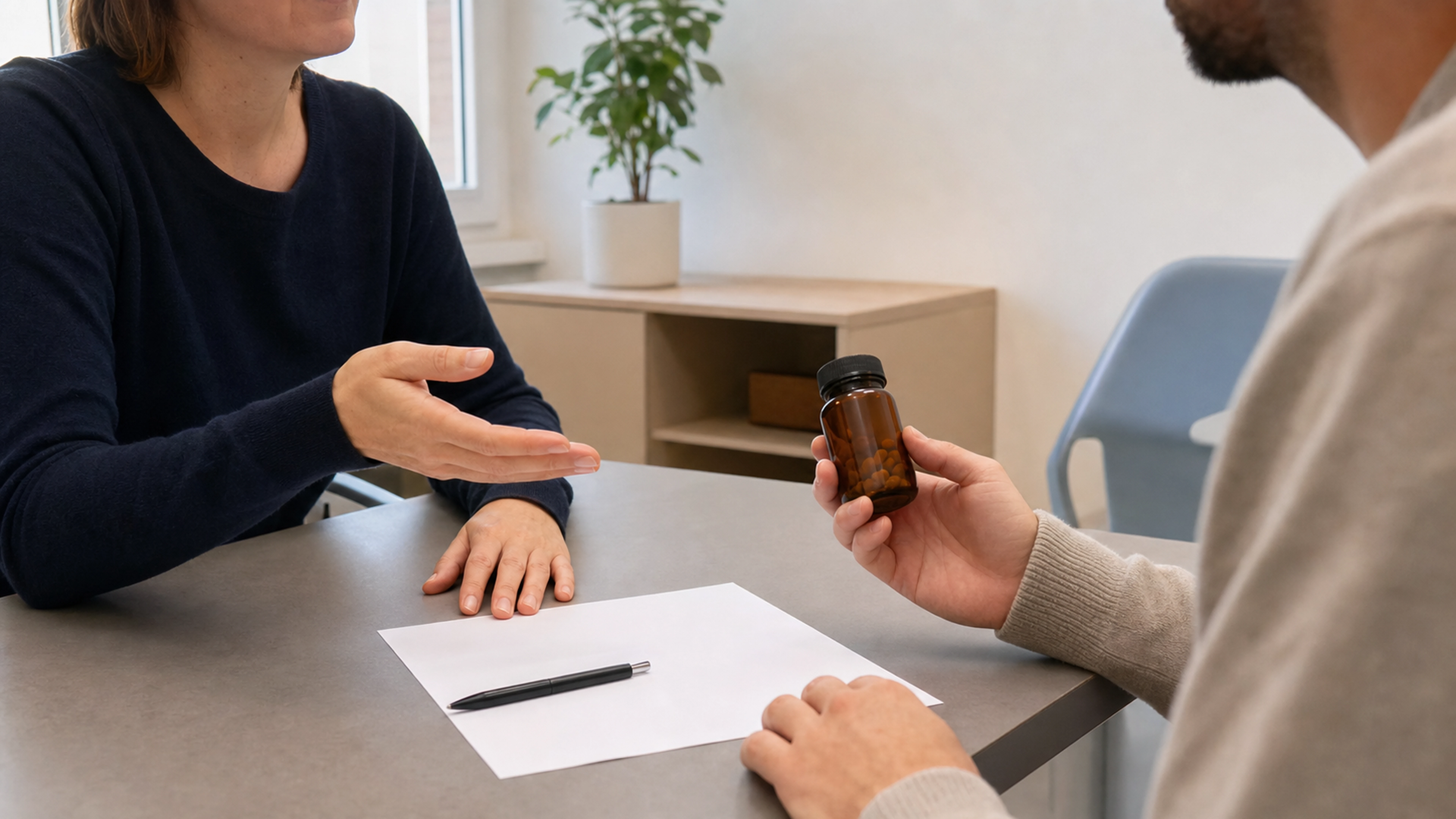 Deux adultes discutent autour d’un flacon de compléments alimentaires et d’un document administratif vierge.