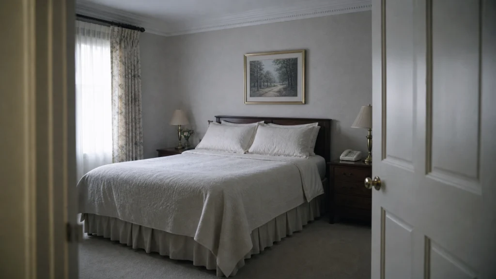 Chambre sobre avec un téléphone fixe posé sur une table de chevet