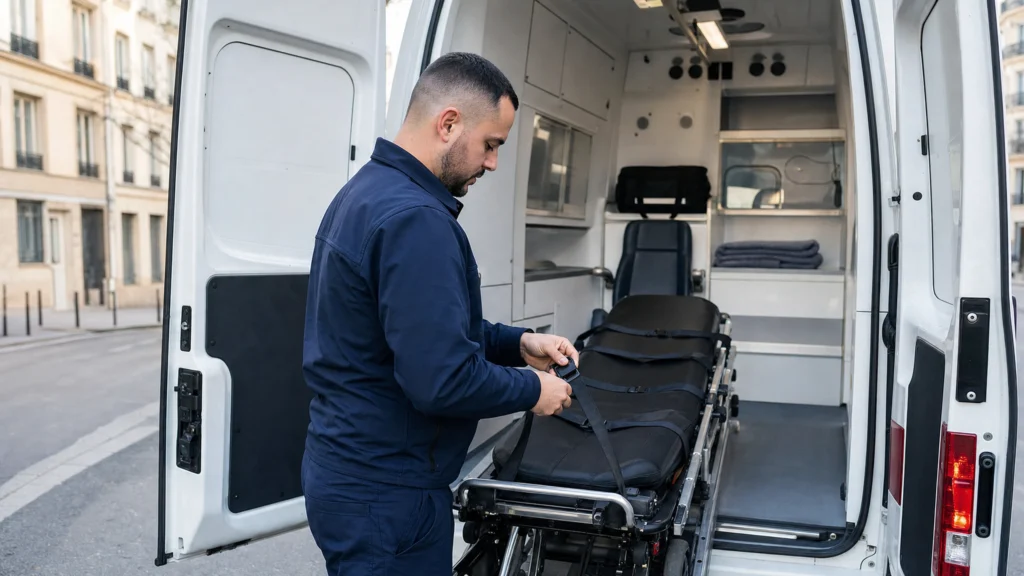 Ambulancier vérifiant les sangles d’un brancard dans un véhicule sanitaire
