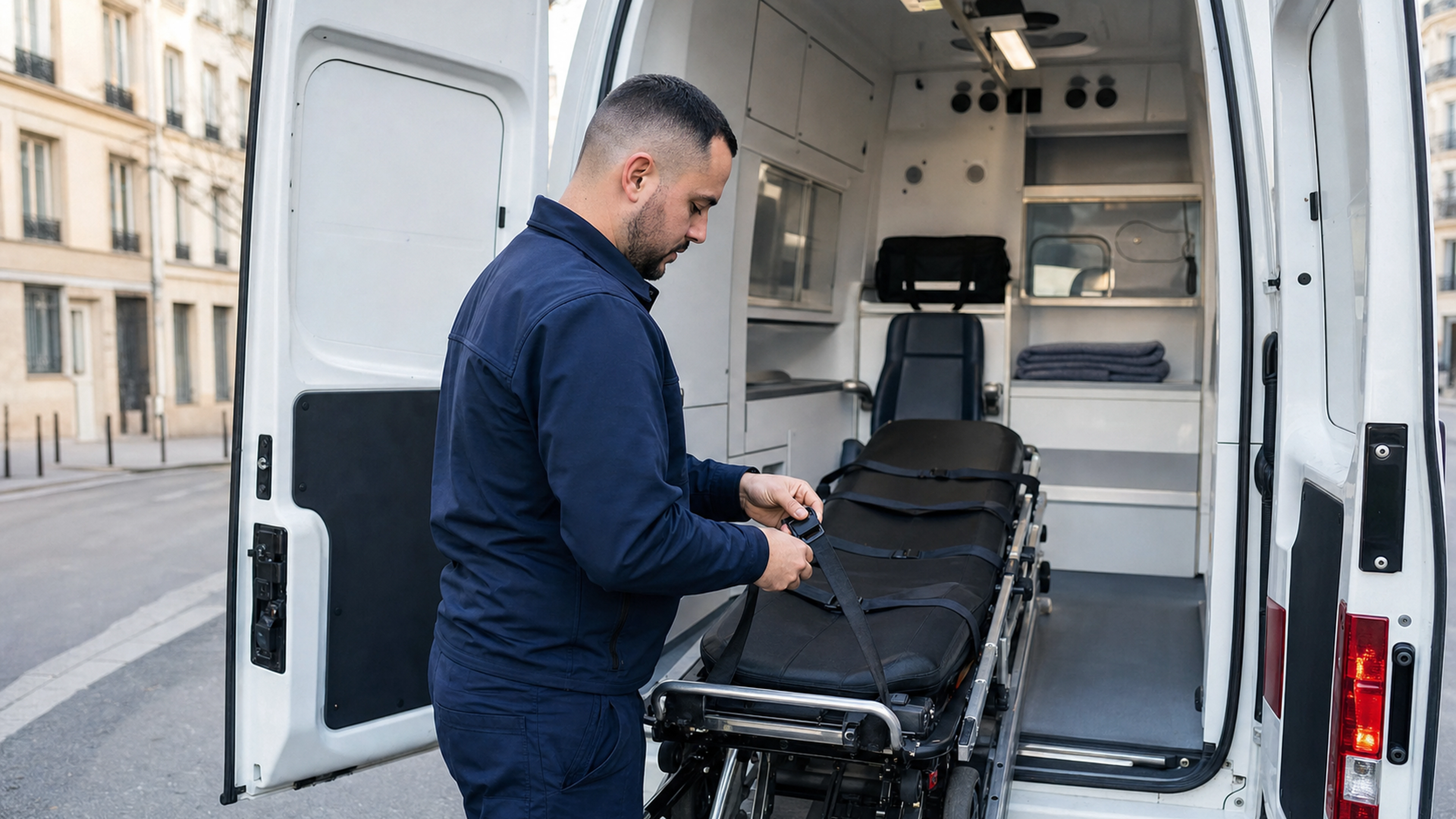 Ambulancier vérifiant les sangles d’un brancard dans un véhicule sanitaire