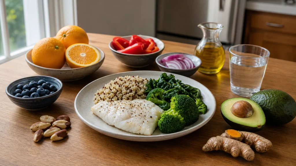Assiette de poisson blanc, quinoa et légumes entourée de fruits frais sur une table de cuisine