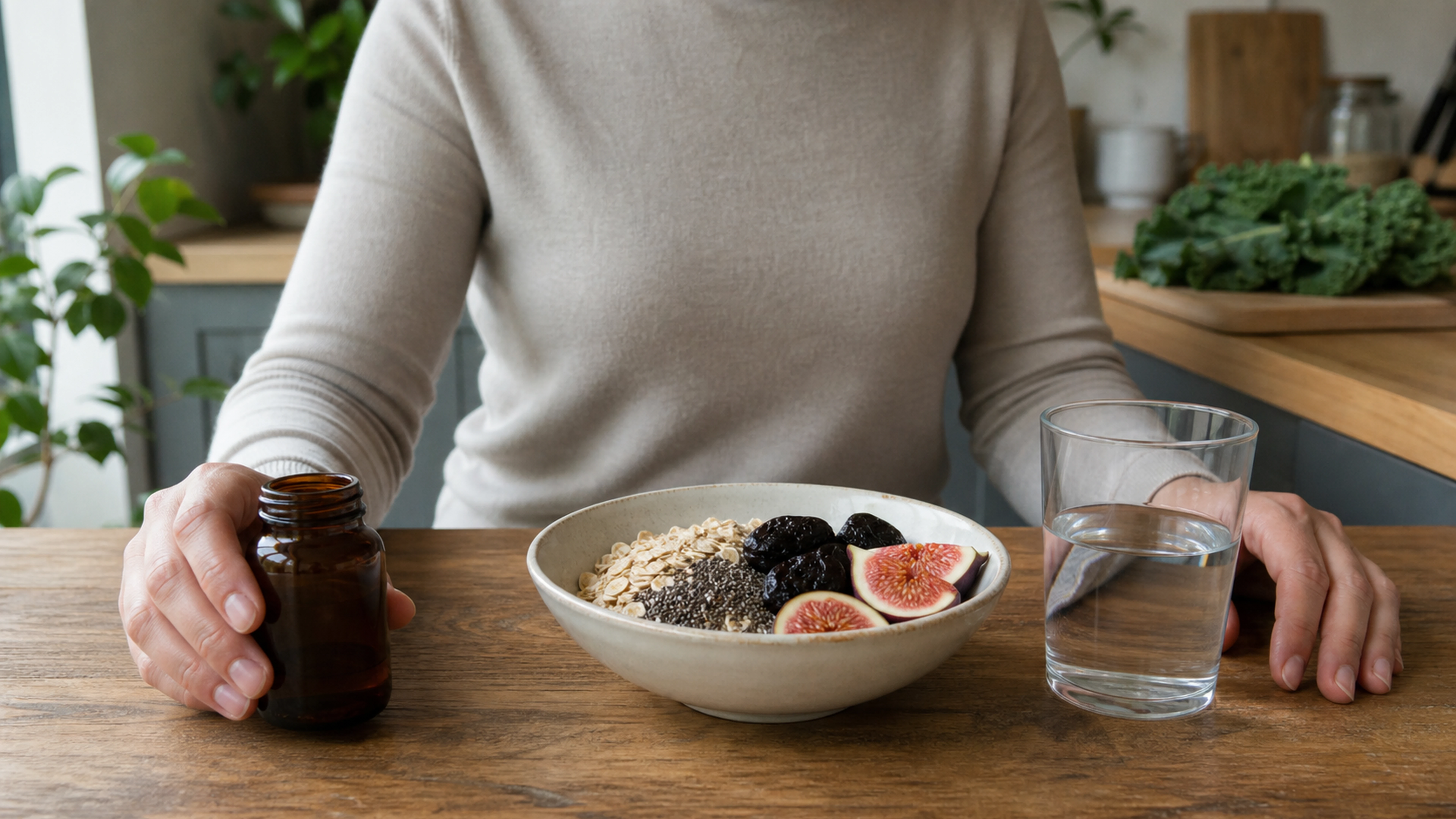 Personne à table devant un bol de céréales, des fruits secs et un verre d’eau, avec un flacon ambré sans étiquette à la main