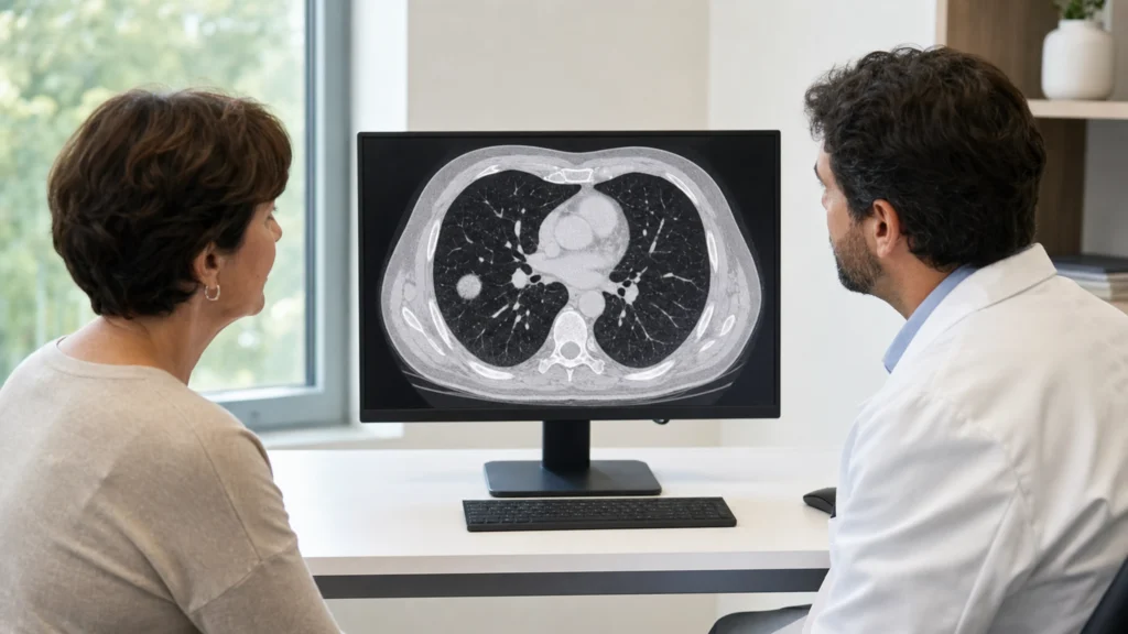 Patiente et pneumologue observant un scanner thoracique montrant une masse pulmonaire