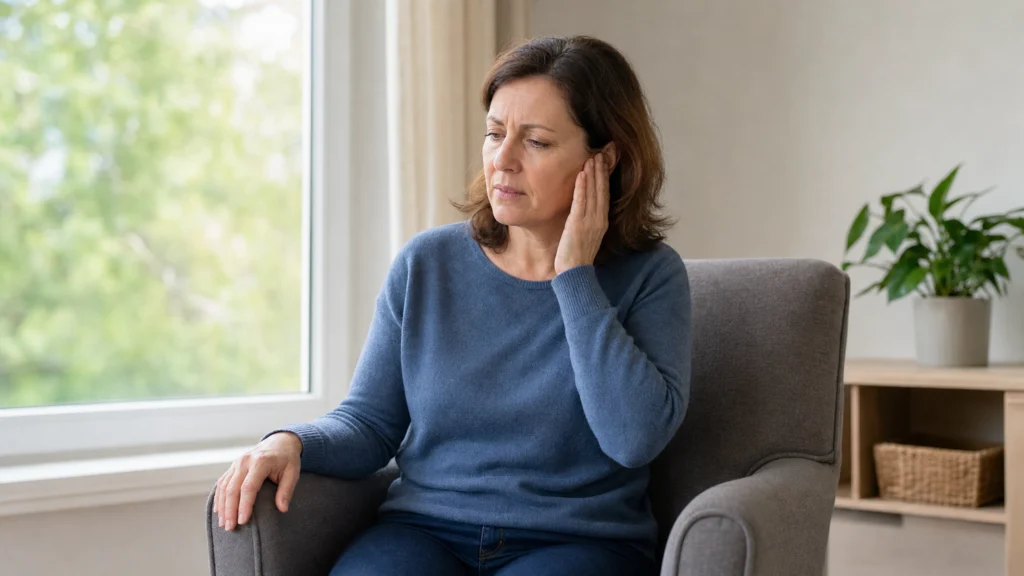 Femme assise près d’une fenêtre, une main posée sur l’oreille