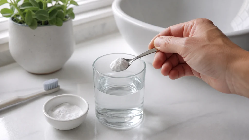 Préparation d’un bain de bouche au bicarbonate avec un verre d’eau tiède