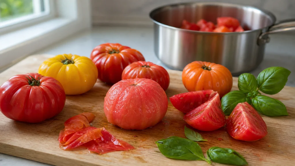 Tomates mûres pelées et découpées sur une planche avant cuisson
