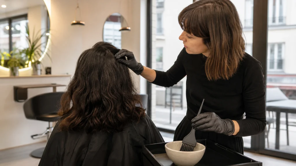 Coiffeuse examinant les cheveux avant l’application d’un produit de lissage
