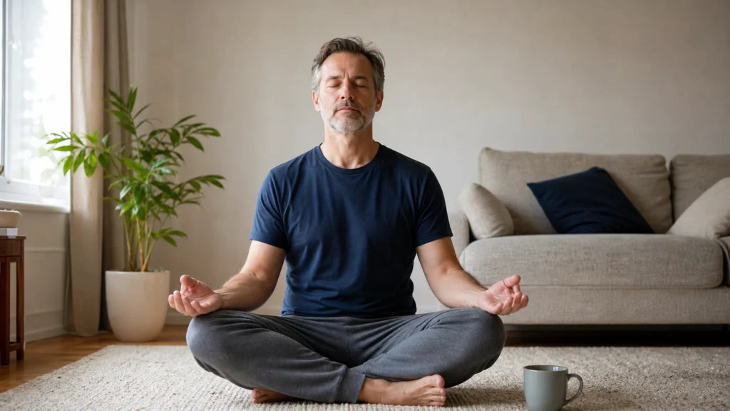 Homme assis en tailleur pratiquant une respiration calme dans un salon lumineux