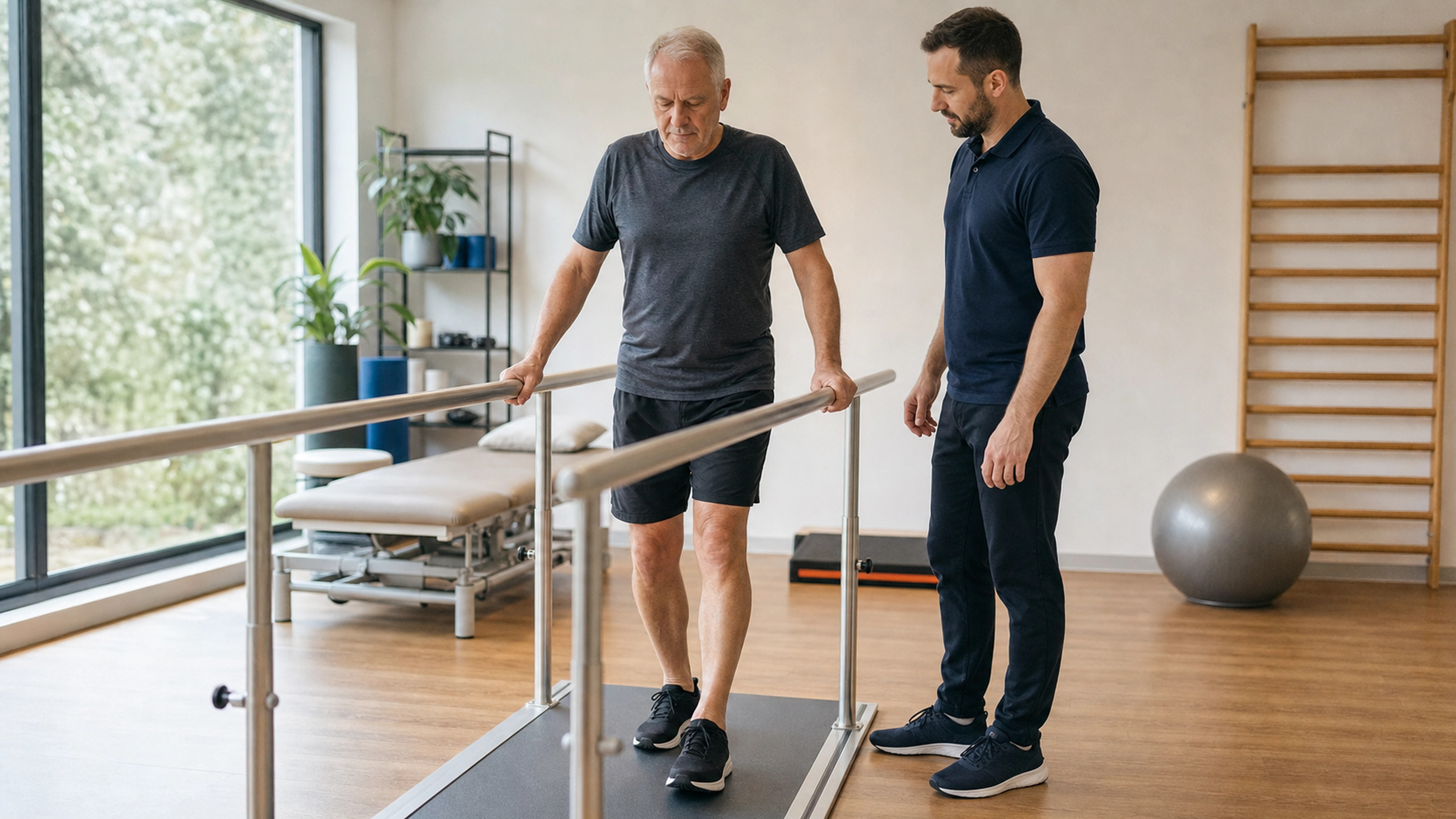 Patient accompagné par un kinésithérapeute lors d’un exercice de marche entre des barres parallèles