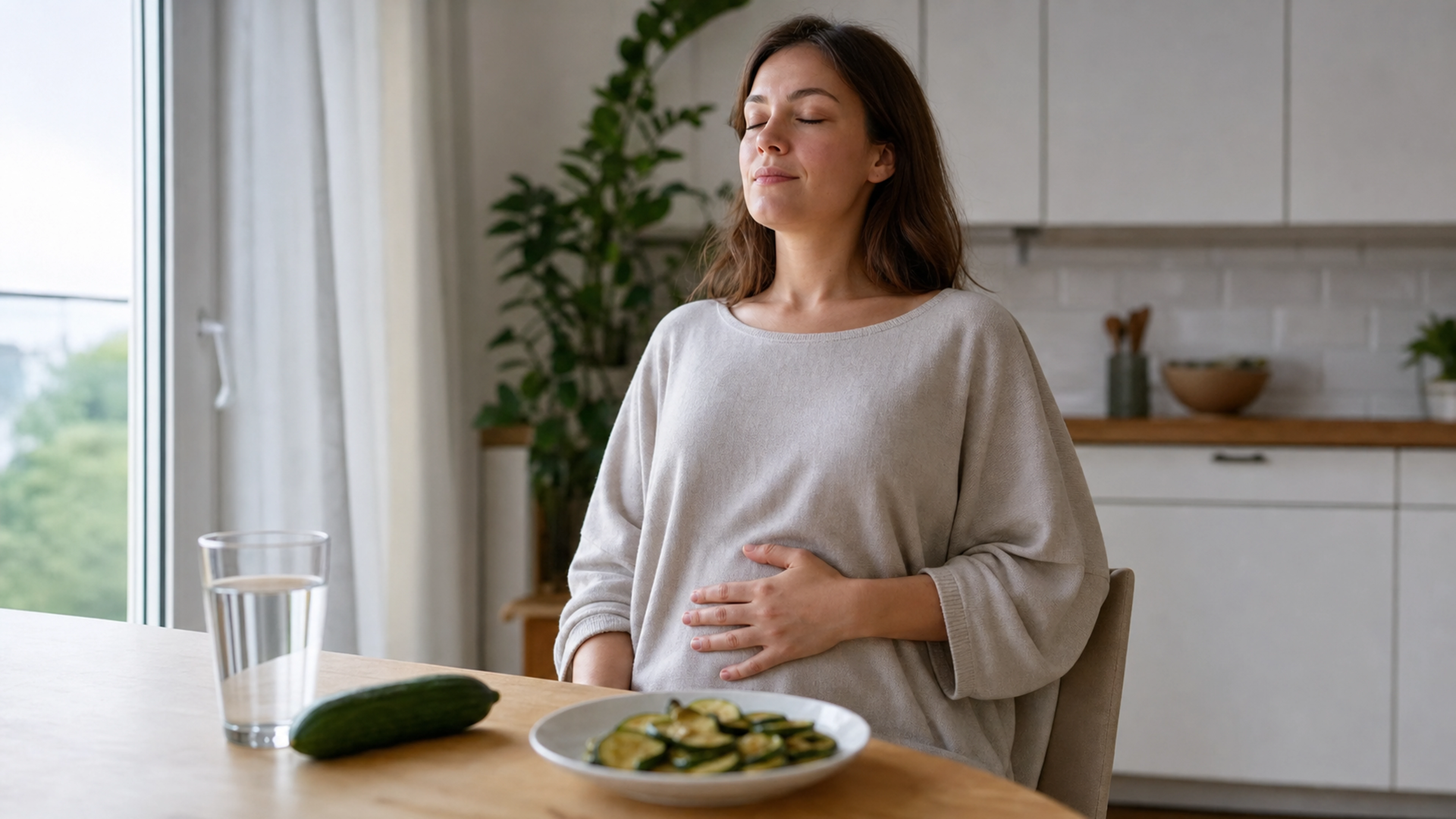 Femme pratiquant une respiration abdominale près d’un verre d’eau et de légumes dans sa cuisine