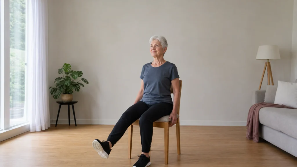 Senior pratiquant une extension de jambe assise sur une chaise stable dans un salon lumineux