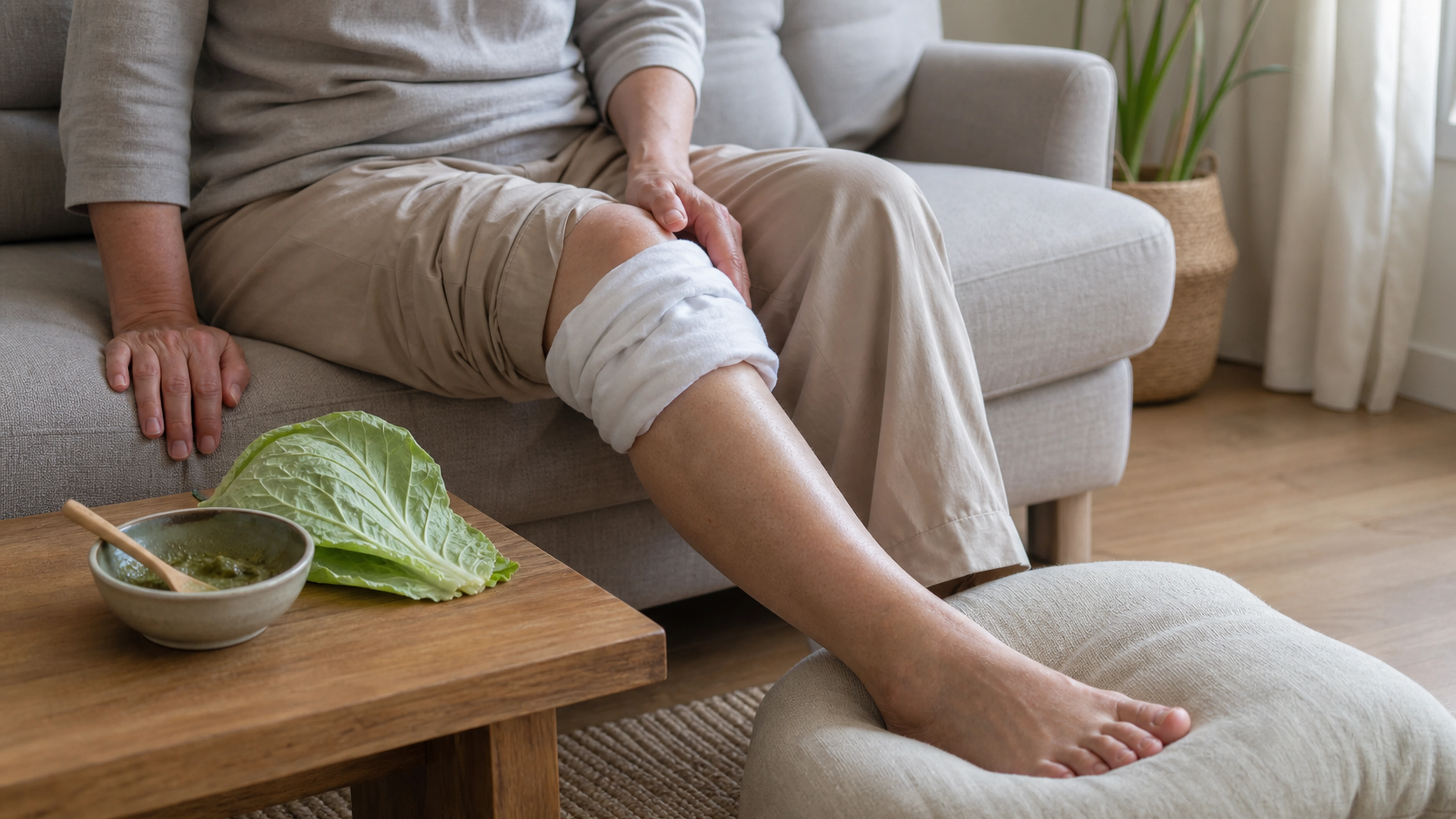 Genou au repos avec une compresse froide, de l’argile verte et des feuilles de chou à proximité